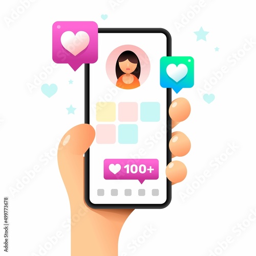 Smartphone mockup in human hand. Profile screen with a lot of likes. Vector colorful social media illustration. Instagram, Whatsapp, Skype