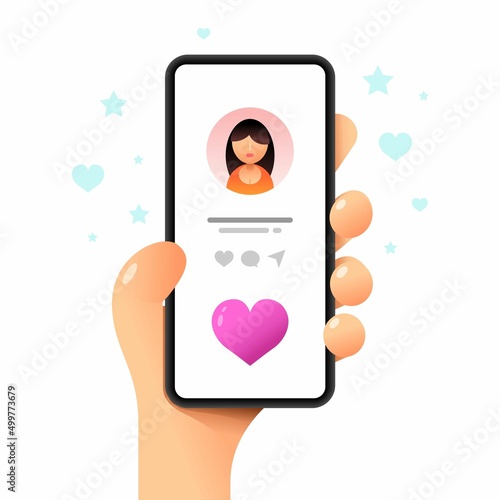 Smartphone mockup in human hand. Profile screen. Perfect love match. Vector colorful social media illustration. Instagram, Whatsapp, Skype