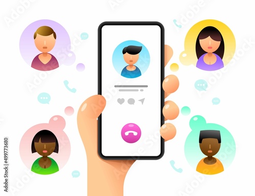 Smartphone mockup in human hand. Conference call. Calls to a lot of contatcs. Vector colorful social media illustration. Instagram, Whatsapp, Skype