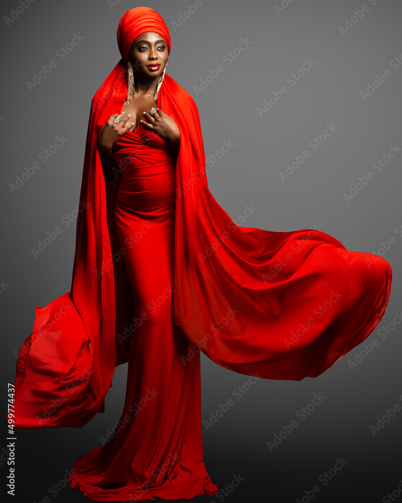 African Woman in Red Dress and Silk Headscarf. Fashion Black Skin Lady in  Muslim Abaya Hijab