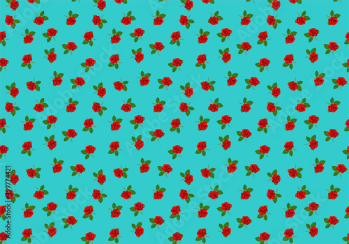 Estampado de rosas rojas sobre fondo azul. Fondo floral de rosas rojas sobre fondo azul