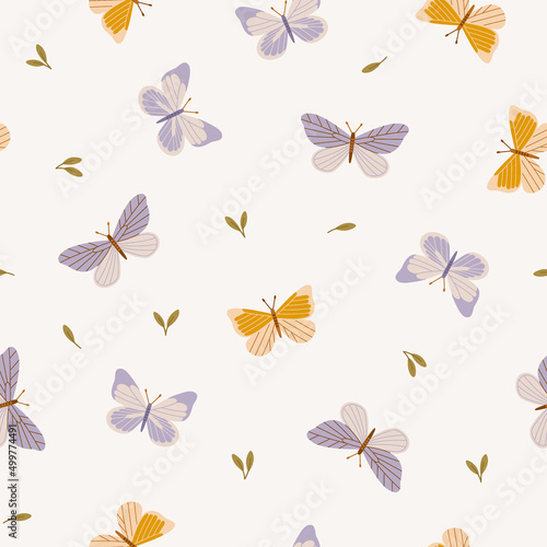 Seamless pattern of different butterfly with leaves. Hand-drawn vector insects  isolated on beige background. Spring season concept  Easter  nature.