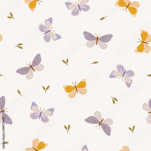 Seamless pattern of different butterfly with leaves. Hand-drawn vector insects, isolated on beige background. Spring season concept, Easter, nature.