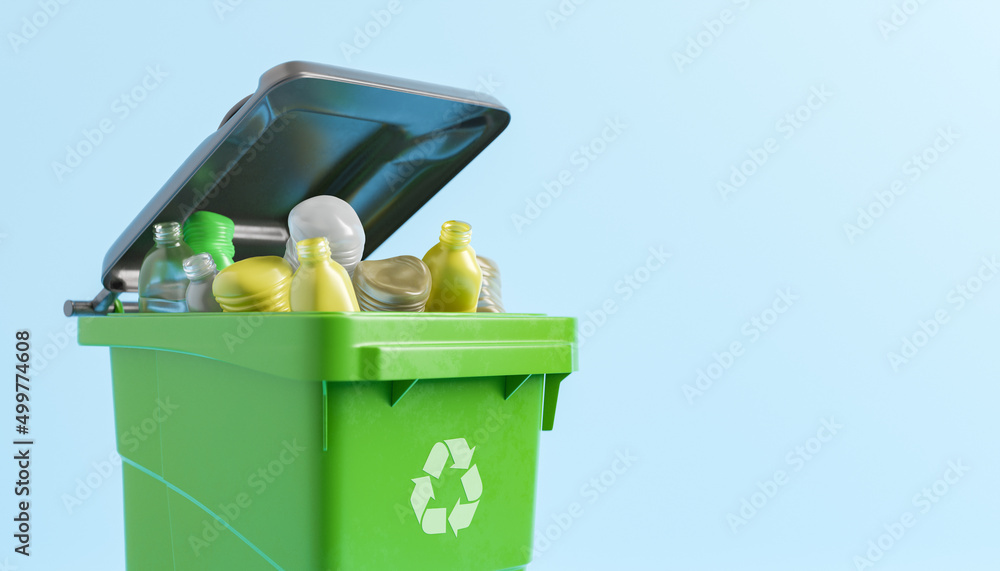Recycling bin with plastic litter - obrazy, fototapety, plakaty 