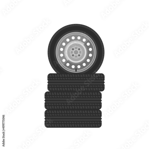 The stack of car wheels.Set of car tyres for the tyre shop.