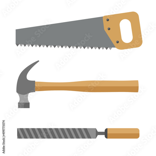 Carpentry tools on a white background. Hand saw and hammer for the joinery workshop.