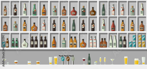 Shelves of alcohol behind the bar. The interior of a wine shop.
