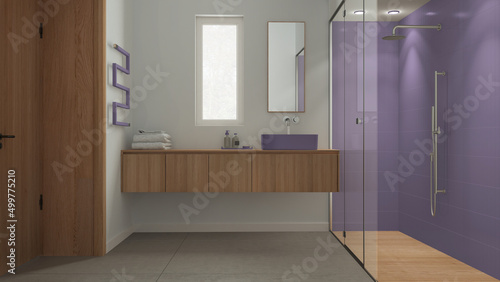 Minimalist bathroom in purple and wooden tones  concrete tiles floor  large shower with tiles and spotlight  washbasin with mirror and accessories  towel rack. Modern interior design