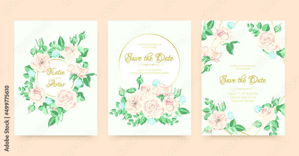 Wedding Card. Engagement Invitation with Elegant Roses. Spring Leaf Border. Wedding Card Set. Vintage Marriage Poster. Rsvp Cover with Flowers. Rustic Leaves. Botanical Wedding Card.