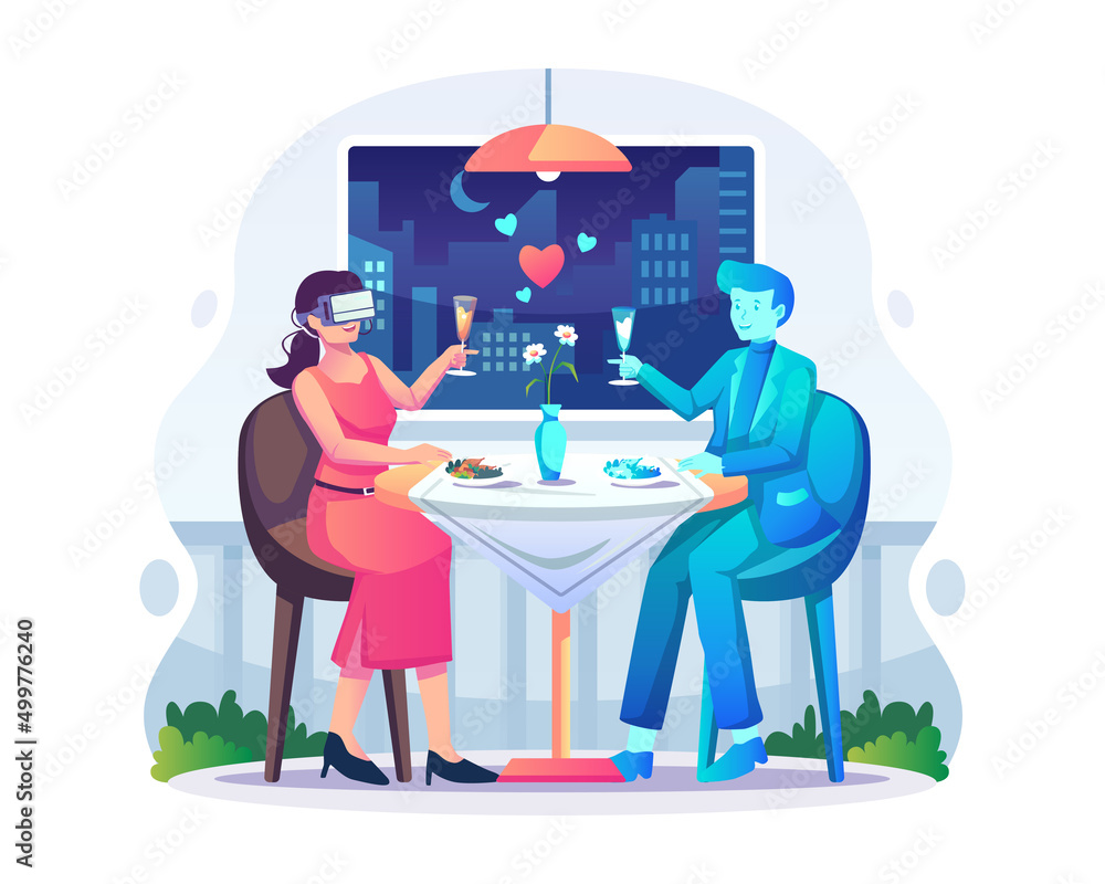 woman wearing a VR headset on a date with a male character, a virtual man in a restaurant. Virtual Dating concept. Flat style vector illustration