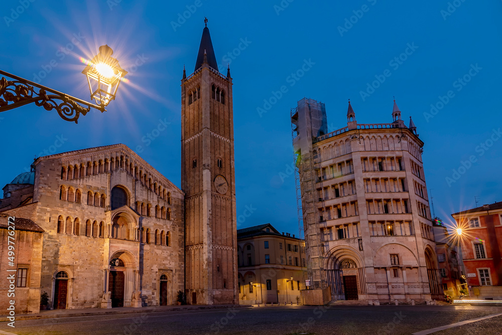 Piazza Duomo square in the historic center of Parma, Italy, in twilight light