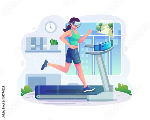 VR Sports concept illustration with a young woman wearing a VR headset workout on a treadmill at home. Woman running on Simulator Treadmill with VR technology. Flat vector illustration