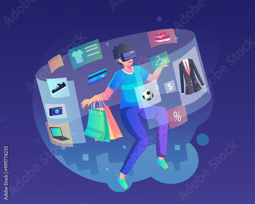 Virtual Shopping Illustration Concept. A young man wearing a VR headset is doing a shopping experience in the metaverse. Flat vector illustration