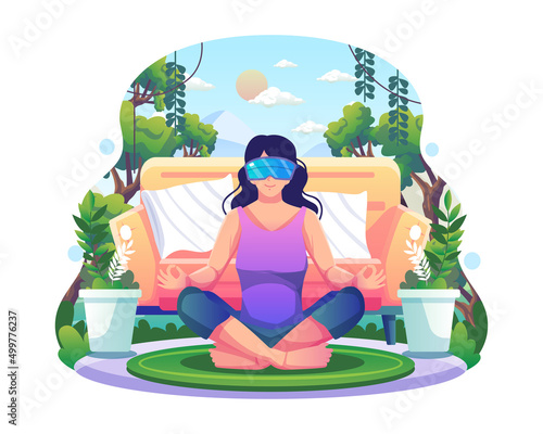 A young woman in lotus posture wearing VR glasses practices yoga and meditation in nature simulation at home. Virtual Reality Technology for mental and physical health. Flat vector illustration