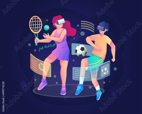 VR Sports concept illustration with a young man and young girl with VR headsets playing virtual sports simulator experience in the metaverse. Flat vector illustration