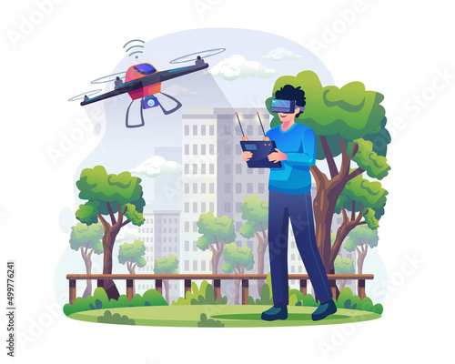 A young man wearing VR glasses flying a drone outdoors. The male character is controlling a quadcopter via VR headset technology. Flat style vector illustration