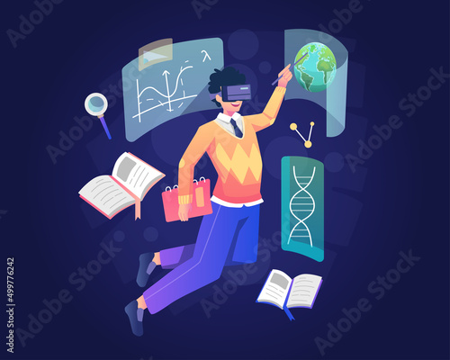 A male student is studying with wearing a VR Headset. Virtual Reality technology for Education and Online Learning concept. Flat style vector illustration