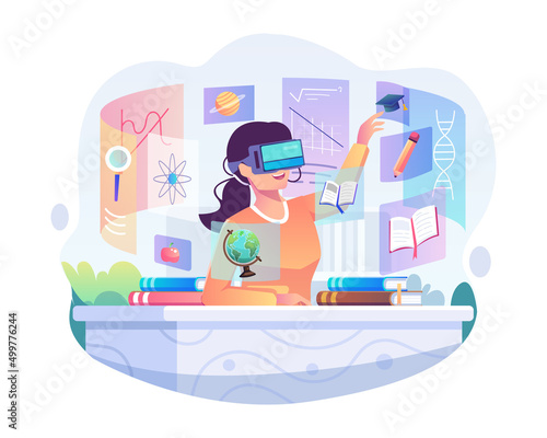 A young woman wearing a VR Headset is studying and learning at a desk. Virtual Reality Education and Online Learning concept. Flat style vector illustration