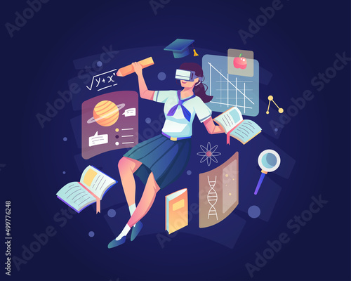 A female student is studying with wearing a VR Headset. Virtual Reality Technology for Education and Online Learning concept. Flat style vector illustration
