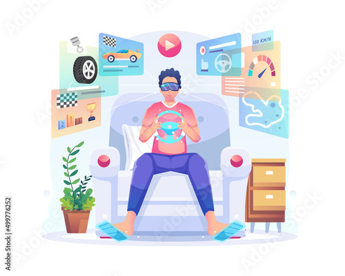 VR Sports concept illustration with a man wearing a VR headset holding a virtual steering wheel sitting on the sofa at home playing a car racing game simulator. Flat vector illustration