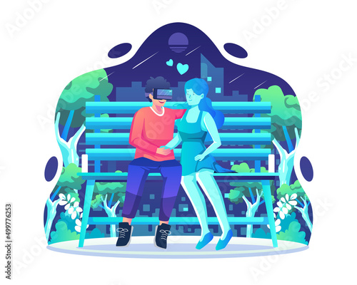 Virtual Dating concept illustration. A man wearing a VR headset on a date with a female character, a virtual woman in a park. Flat style vector illustration