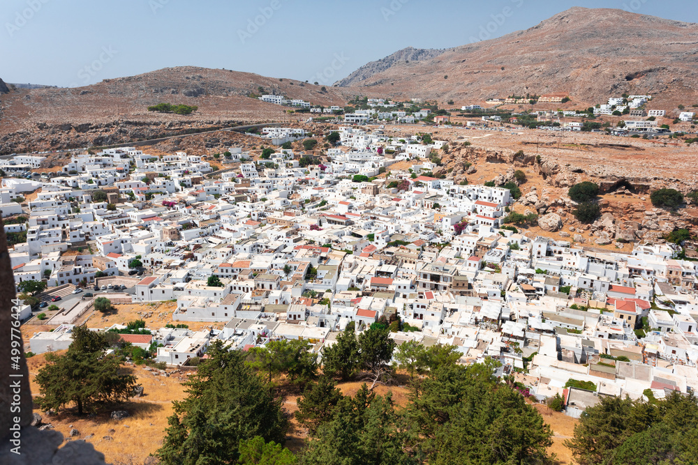 View from the hill of the old town of Lindos in Greece.