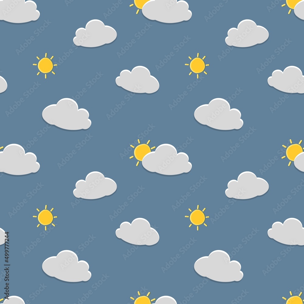 Cloud and sun seamless vector pattern. 