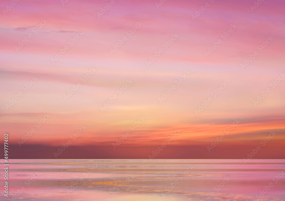 pink sunset at sea  water reflection sun light on  gold yellow  clouds sky  nature background