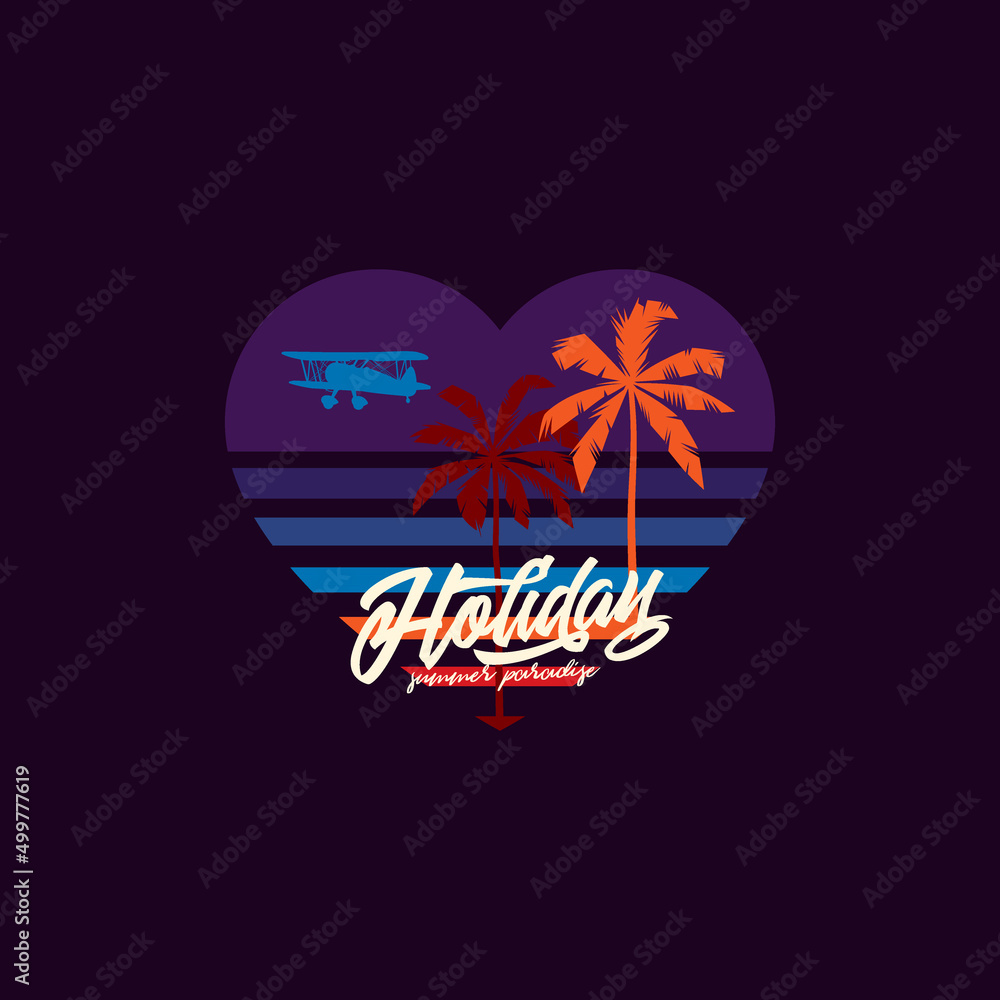 Naklejka premium Original vector illustration. Palm trees and a plane on the background of a retro sunset in the shape of a heart in the style of the 80s. T-shirt design, design element.