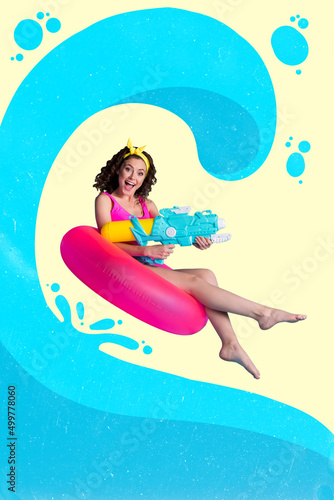 Vertical creative picture of crazy carefree person hold water gun sit air buoy isolated on ocean wave