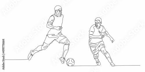 Football, soccer player kicking ball, side view. Isolated vector black and white one continuous line silhouette. Silhouette of football or soccer defender, striker or goalkeeper. Vector clipart 
