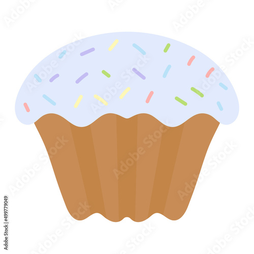 Easter cake. Baking is covered with blue icing. The bread is decorated with colorful sprinkles. Color vector illustration. Flat style. Bright Easter. Isolated background. Idea for web design, postcard
