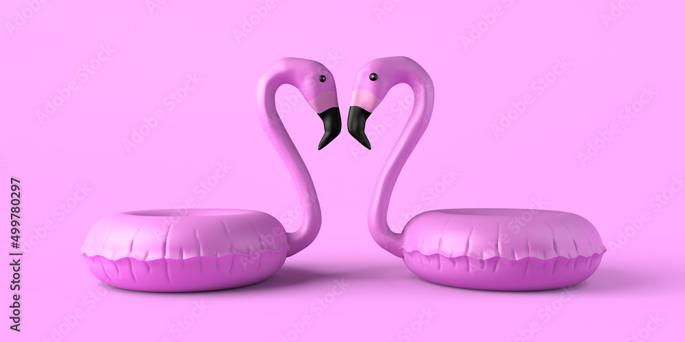 Flamingo floats making a heart with the necks. Inflatable beach or pool toy. Summer vacations. Copy space. 3D illustration. Flamingo floats making a heart with the necks. Inflatable beach or pool toy. Summer vacations. Copy space. 3D illustration.
