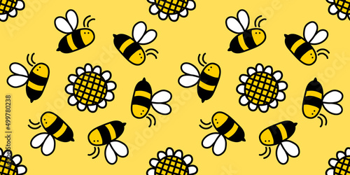 Small cute honey bee and flower hand drawn seamless background, vector drawing