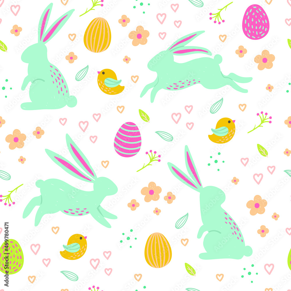 Seamless pattern of Easter bunnies, cute baby illustration, pastel colors