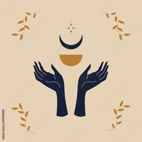 Mystical female hands logo in minimal linear style. Vector logo design. Templates with various hand gestures, moon, stars and crystals. For cosmetics, beauty, tattoo, spa, manicure, jewelry store