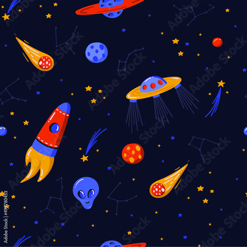 Space ships, stars, planets seamless vector illustration