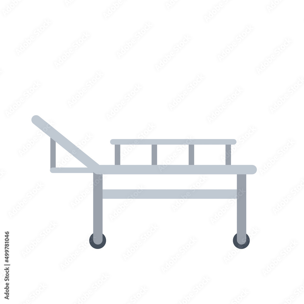 Medical bed on wheels. Decoration of clinic. Hospital bed or stretcher. Flat simple illustration isolated on white Medical bed on wheels. Decoration of clinic. Hospital bed or stretcher. Flat simple illustration isolated on white