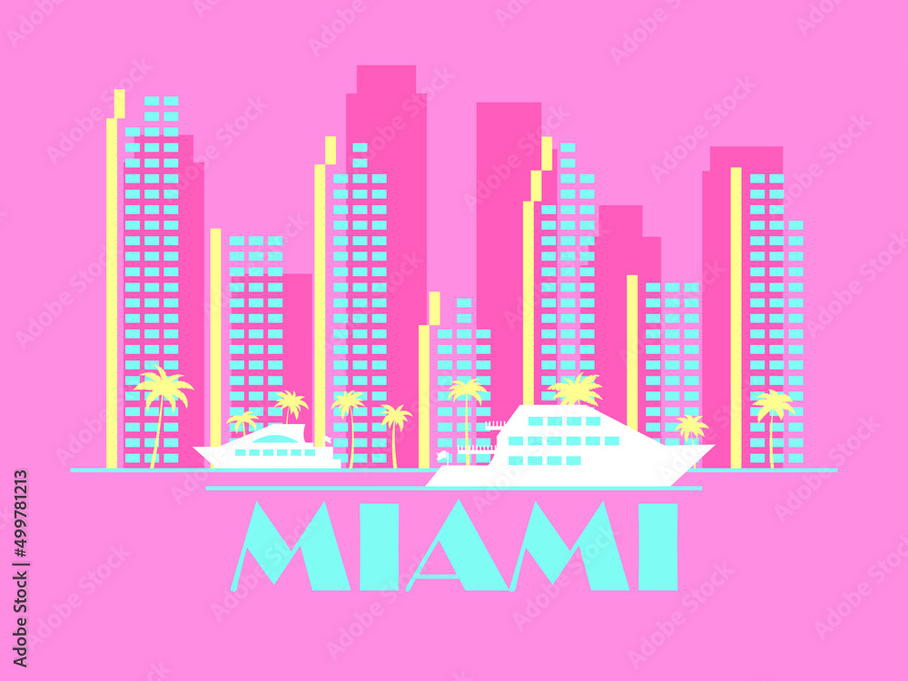 Miami landscape in vintage style. Skyscrapers with palm trees and yachts. City banner for print, posters and promotional materials. City logo. Vector illustration