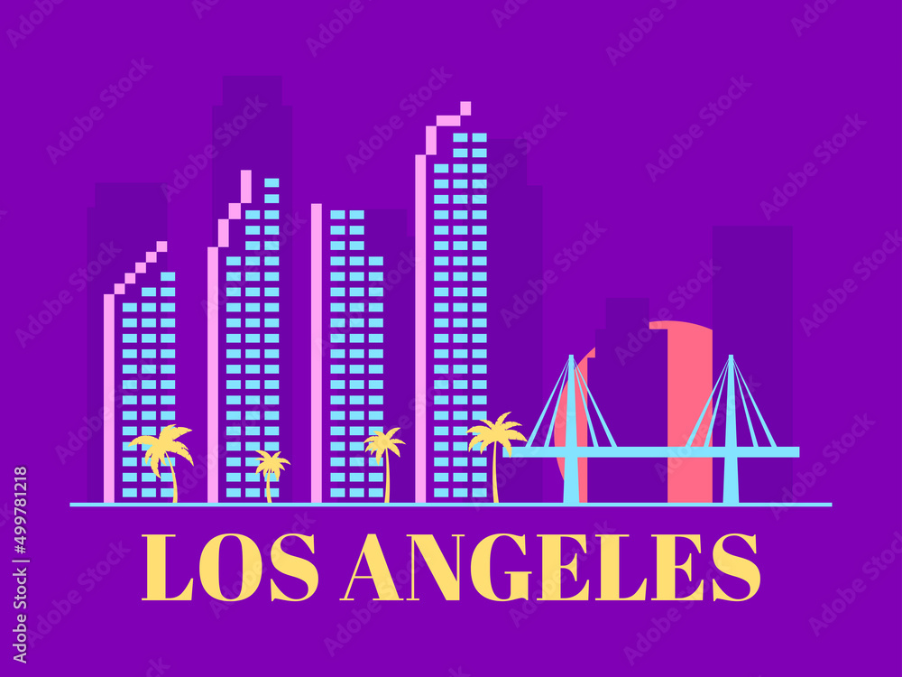 Los Angeles, California. Landscape at sunset with palm trees. City view with skyscrapers and a bridge. Los Angeles city skyline banner for print, poster and promotional items. Vector illustration