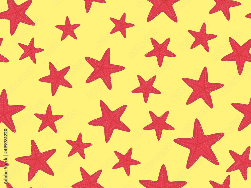 Starfish seamless pattern on a sandy beach. Red starfish on a yellow background. Summer background for promotional products, wrapping paper and printing. Vector illustration Starfish seamless pattern on a sandy beach. Red starfish on a yellow background. Summer background for promotional products, wrapping paper and printing. Vector illustration