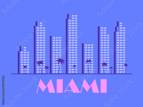 Miami landscape in vintage style. Skyscrapers with palm trees in line art style. Cityscape banner for print, poster and promotional items. City logo. Vector illustration