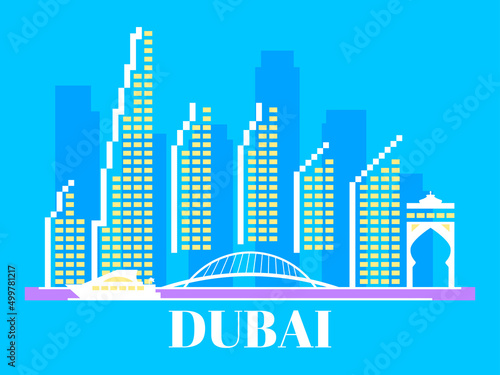 Dubai cityscape with skyscrapers  bridge  palm trees and yachts. Dubai UAE city skyline banner for print  posters and promotional materials. Vector illustration