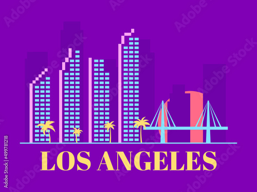 Los Angeles  California. Landscape at sunset with palm trees. City view with skyscrapers and a bridge. Los Angeles city skyline banner for print  poster and promotional items. Vector illustration