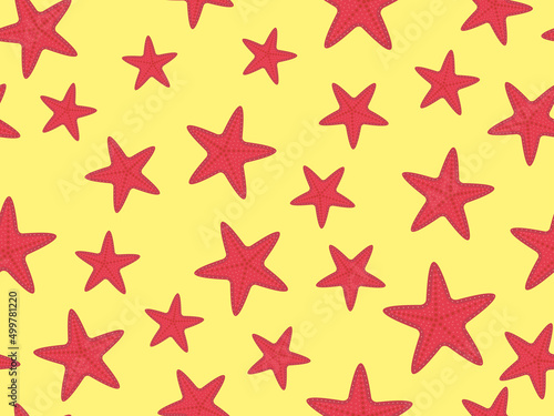 Starfish seamless pattern on a sandy beach. Red starfish on a yellow background. Summer background for promotional products, wrapping paper and printing. Vector illustration
