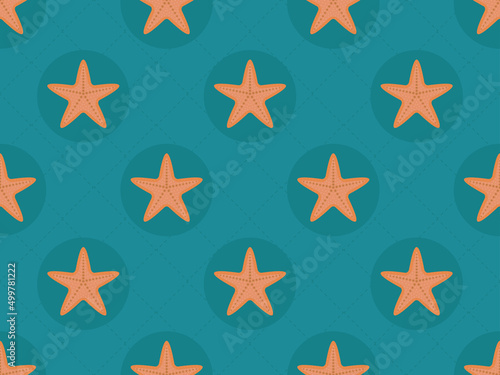 Seamless pattern starfish in retro style. Starfish in a circle on a green background. Summer background for promotional products, wrapping paper and printing. Vector illustration