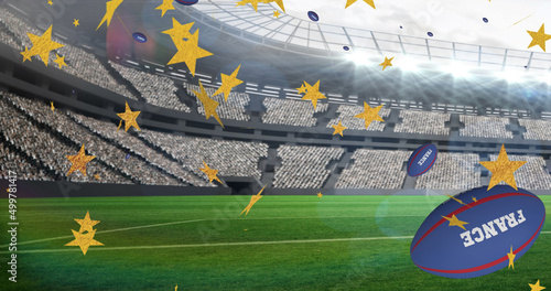 Image of stars over rugby balls falling with france text at stadium © vectorfusionart