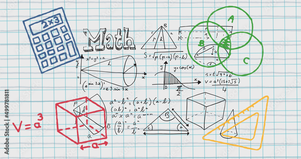 Image of colorful drawing over mathematical equations in school notebook