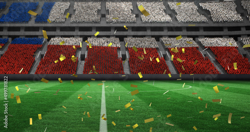 Image of gold confetti falling over flag of chile in sports stadium