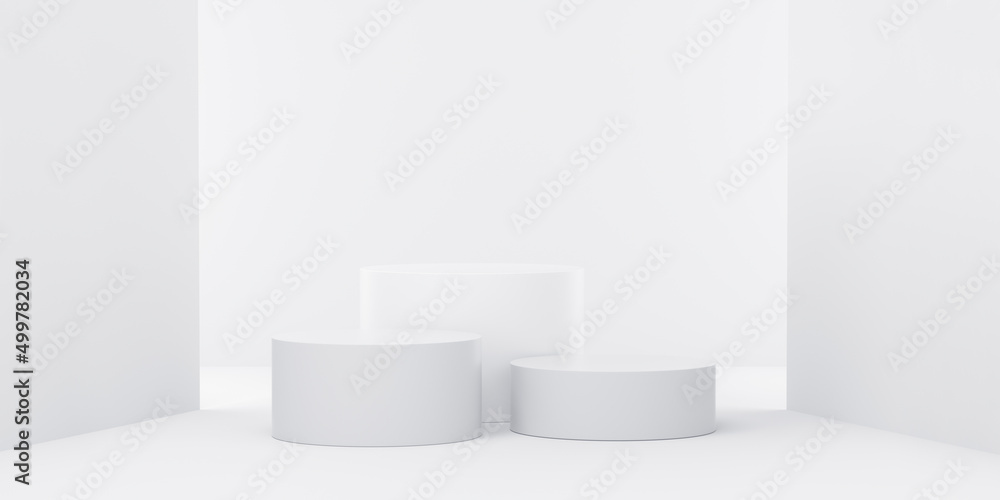 Podium for tree products presentation on white background with lights on the sides, winner podium. Podium for tree products presentation on white background with lights on the sides, winner podium.